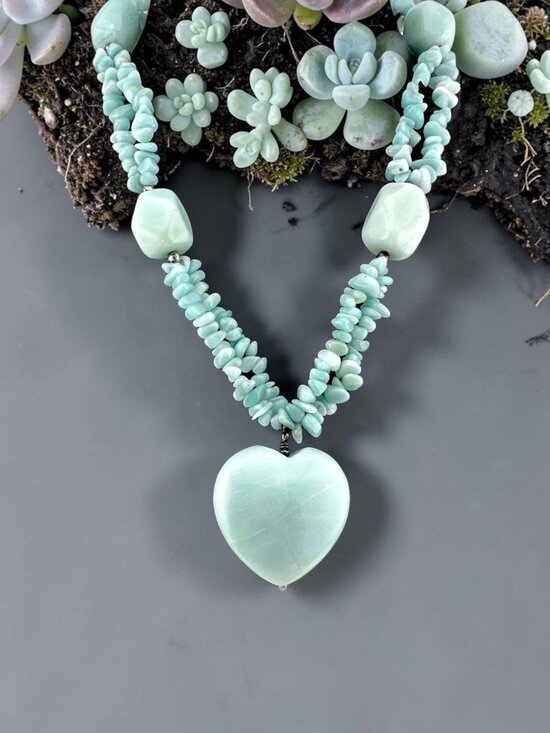 JTV Jewelry - JTV Amazonite Heart Necklace Double Strand Gemstone Statement Pendant 18-20"